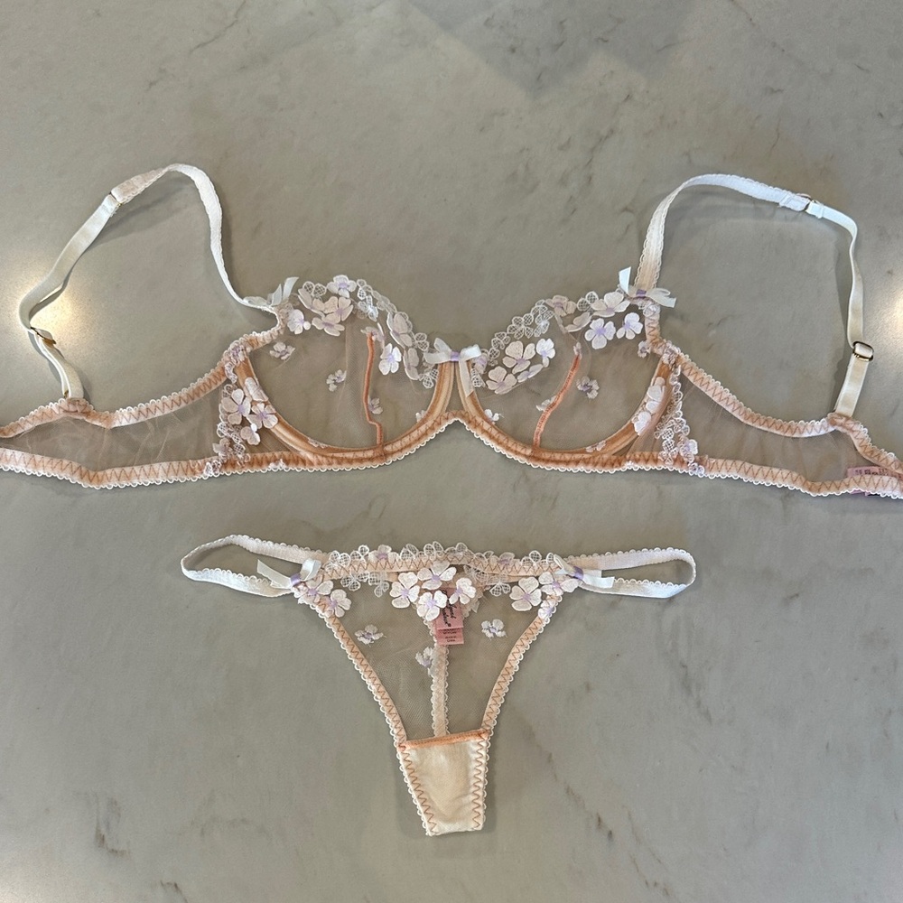 Agent Provocateur Floral Embroidered Lingerie Set - Cream and Peach